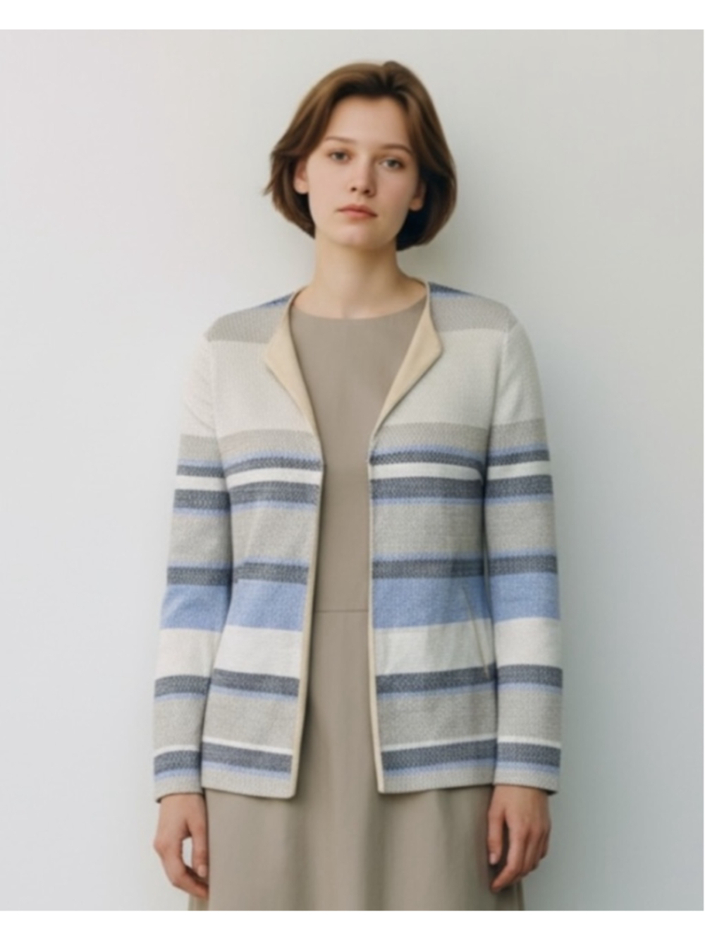 Bianca Textured Woven Stripe Jacket, 8-10, European Minimalist Longline Blazer